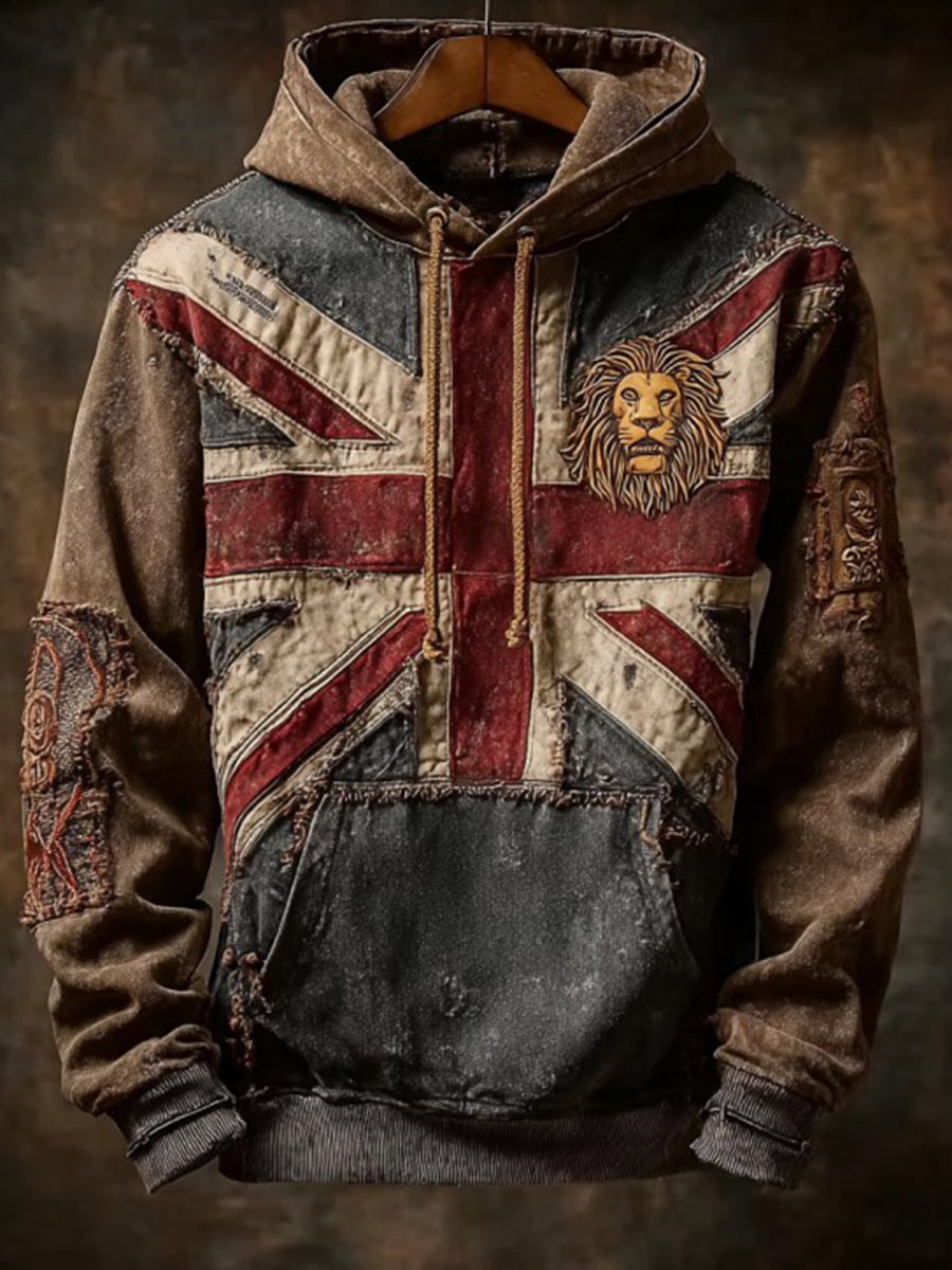 Men's Vintage England Flag Lion Printed Hoodie