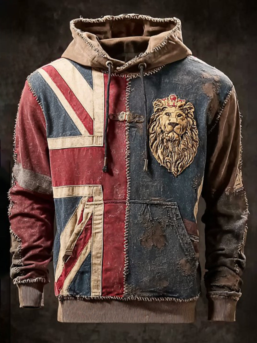 Men's Vintage England Flag Lion Printed Hoodie