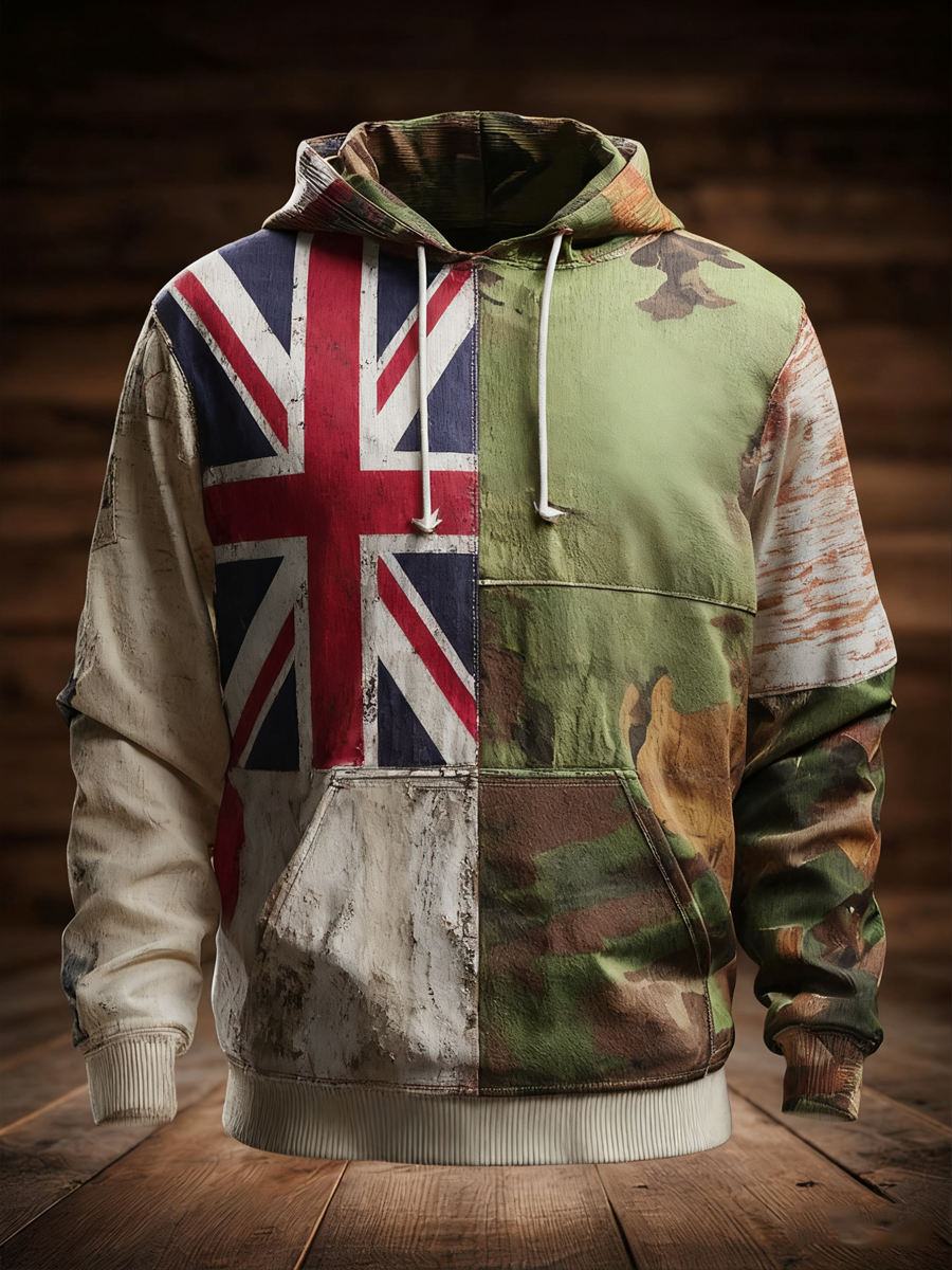 Men's British flag and camouflage pattern Printed Oversized Drop-Shoulder Hoodie with Pockets