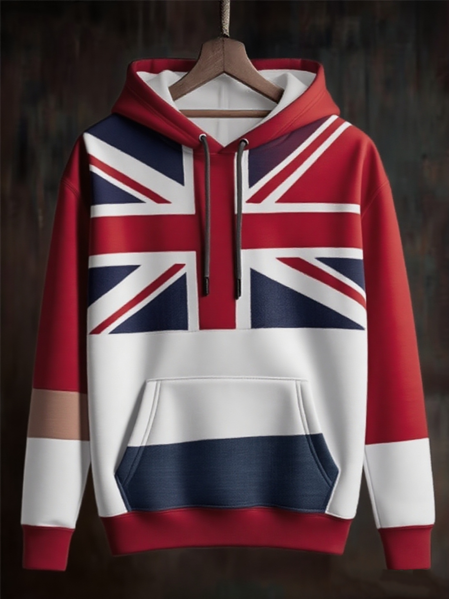 Men's british flag patchwork Printed Oversized Drop-Shoulder Hoodie with Pockets