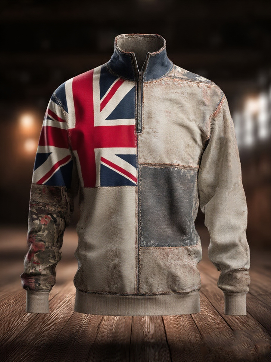 Men's british flag patchwork Printed Zip-Up Hoodie