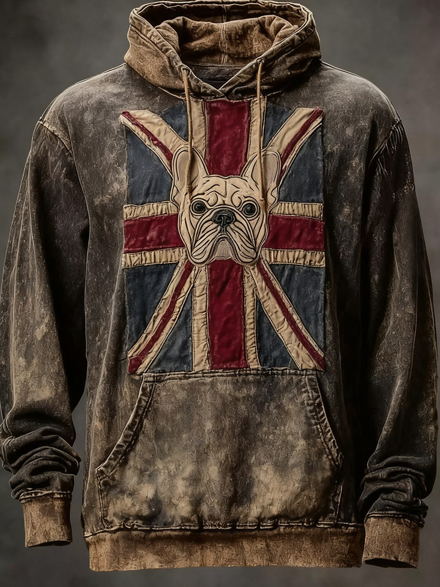 Men's Vintage England Flag French Bulldog Printed Hoodie