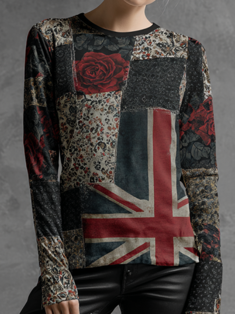 Women's English Patchwork Rose Printed Tops