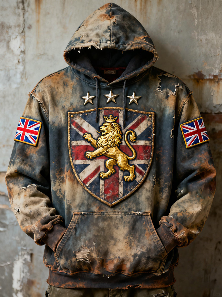 Men's Vintage England Flag Lion Printed Hoodie