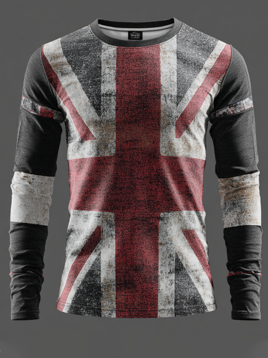 Men's British Flag Patchwork Printed long sleeve round neck T-shirt
