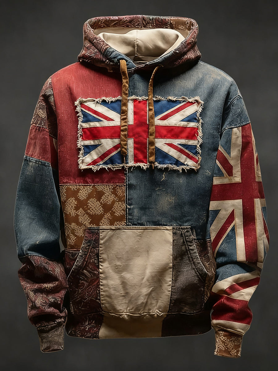 Men's Vintage England Flag Patchwork Printed Hoodie