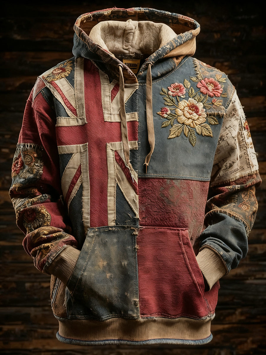 Men's Vintage England Flag Patchwork Printed Hoodie
