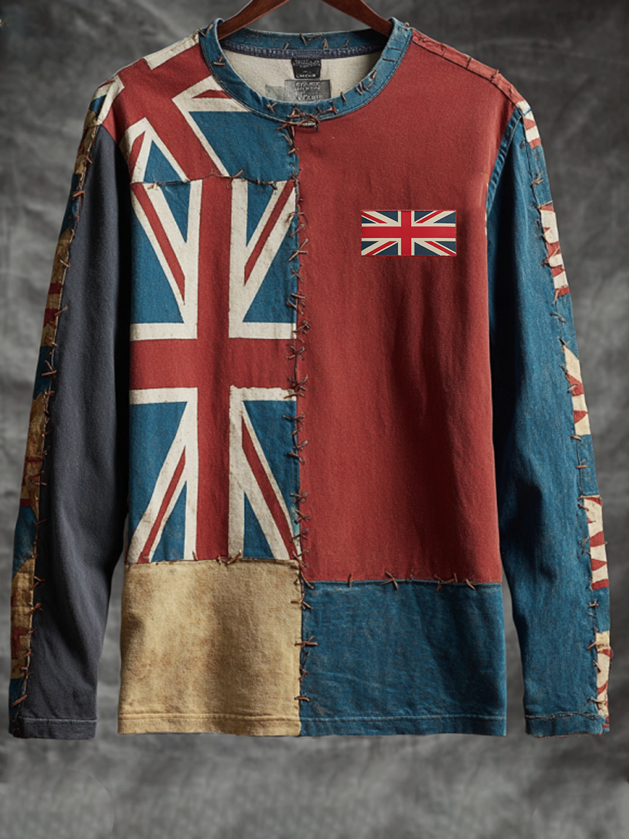 Men's British Flag Patchwork Printed ong sleeve round neck T-shirt