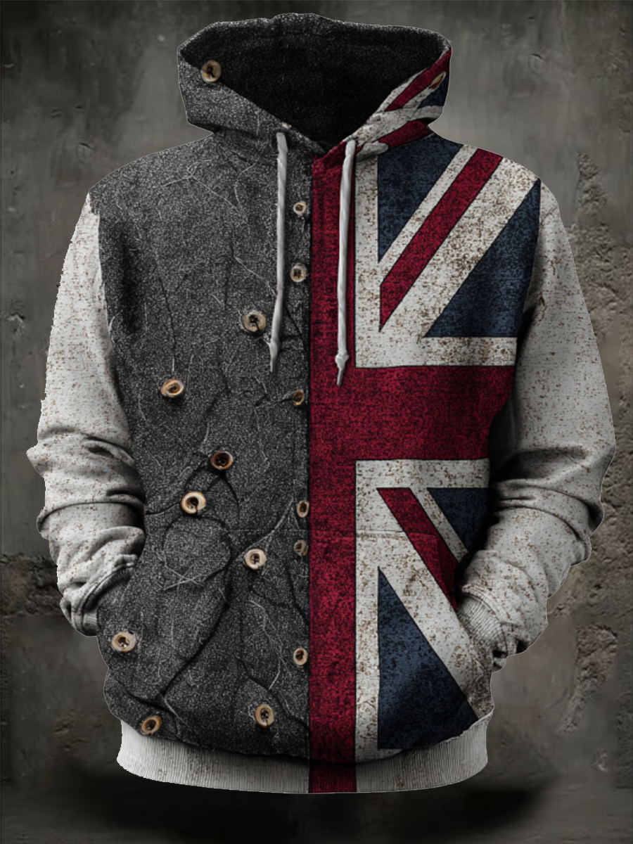 Men's British Flag Patchwork Printed Oversized Drop-Shoulder Hoodie with Pockets