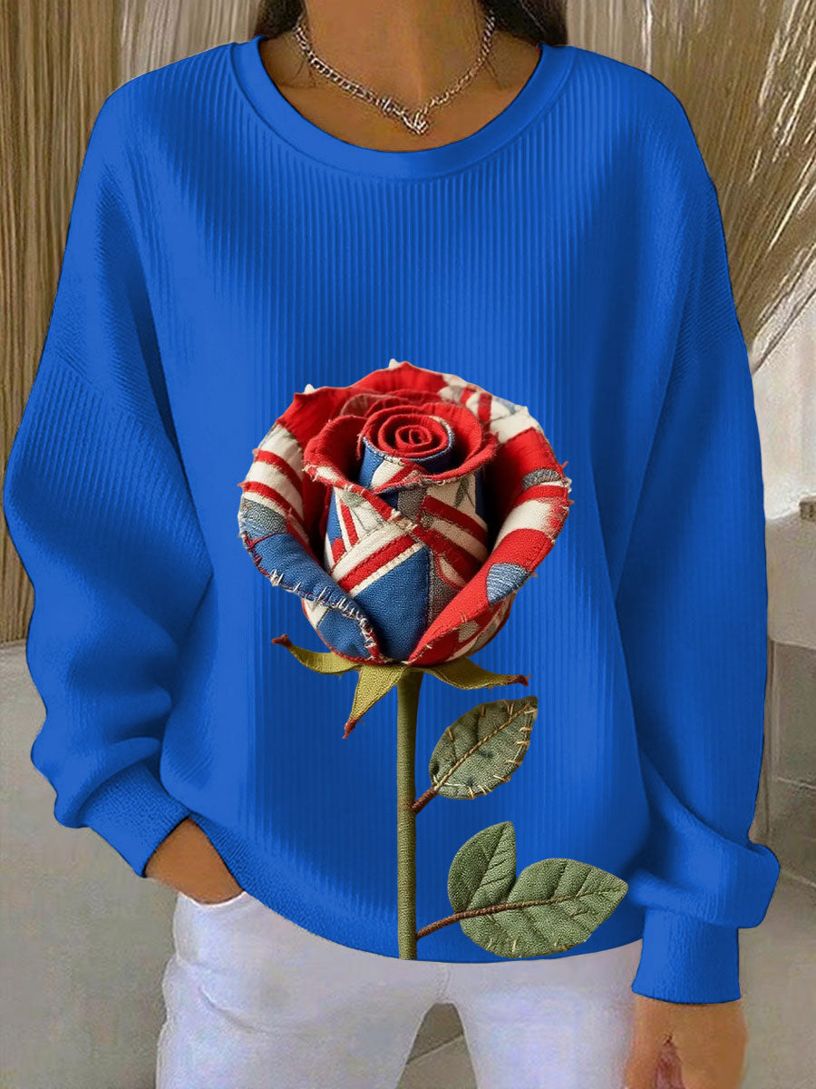 Women's British Rose Printed Ribbed Round-Neck Sweatshirt
