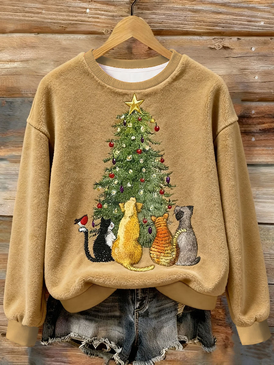 Women's Christmas Cat Embroidery Art Flannel Sweatshirt