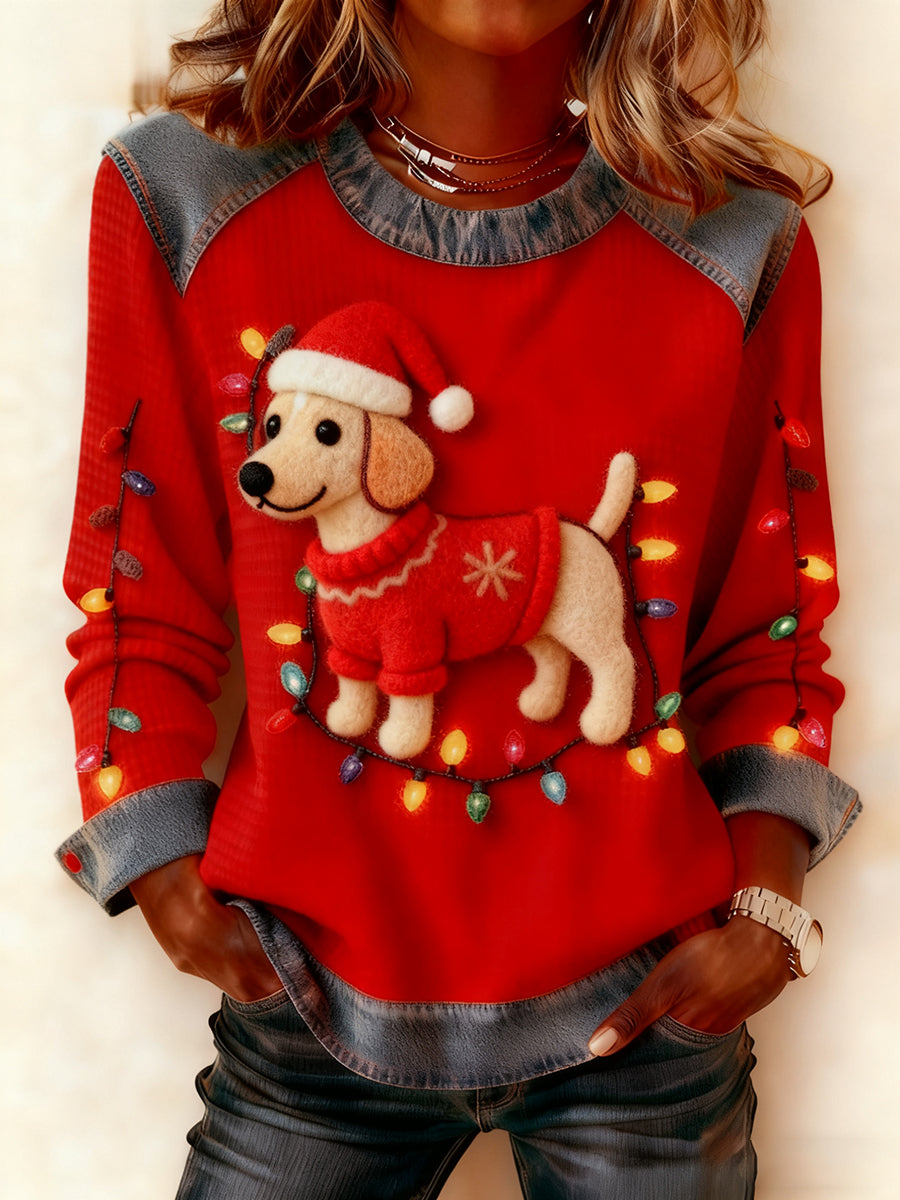 Women's Vintage Christmas Dog Denim Patchwork Sweatshirt