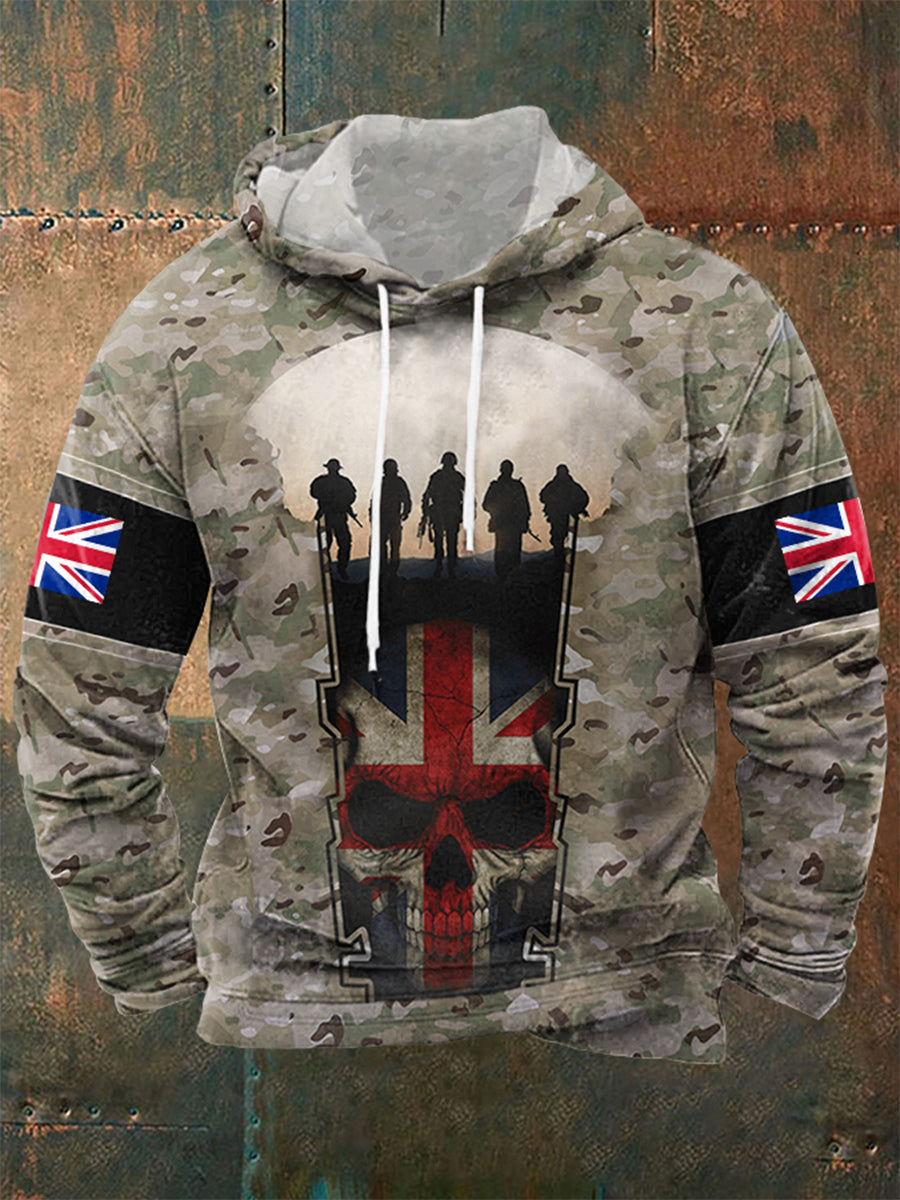 Men's UK Flag Camouflage Skull Print Casual Hoodie