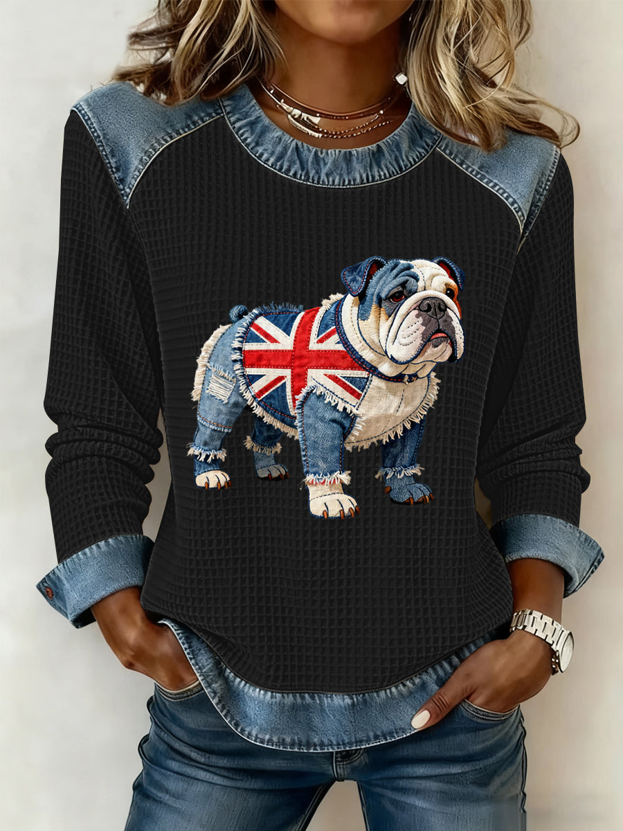 Women's British Style Bulldog Flowers Print Waffle Sweatshirt