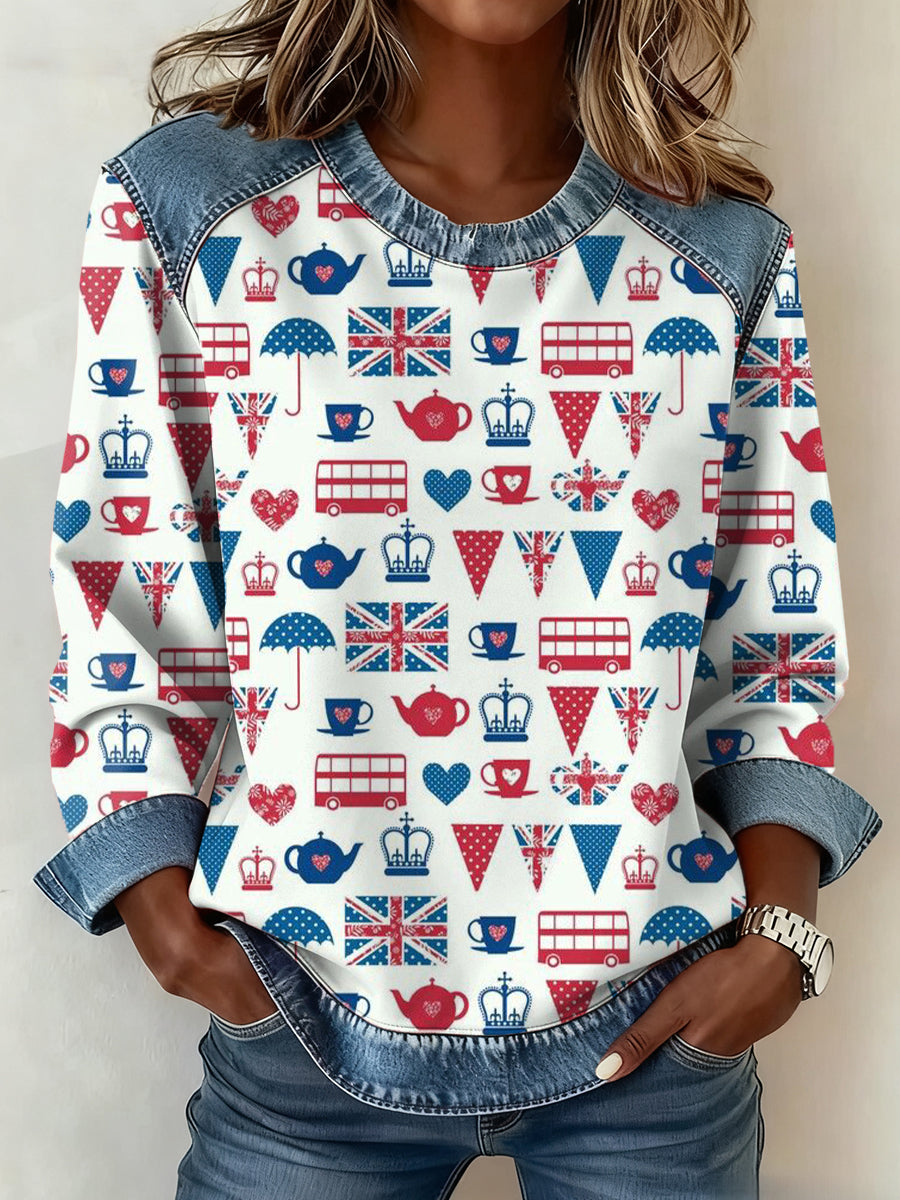 Women's British Style Pattern Patchwork Art Sweatshirt