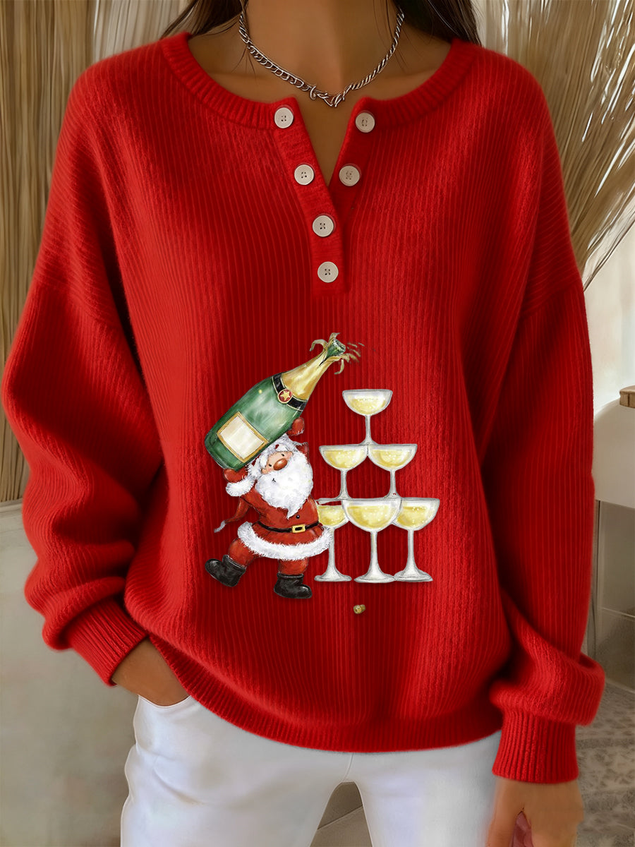 Women's Retro Faith The Santa Claus Cocktail Print Long-sleeve Sweater