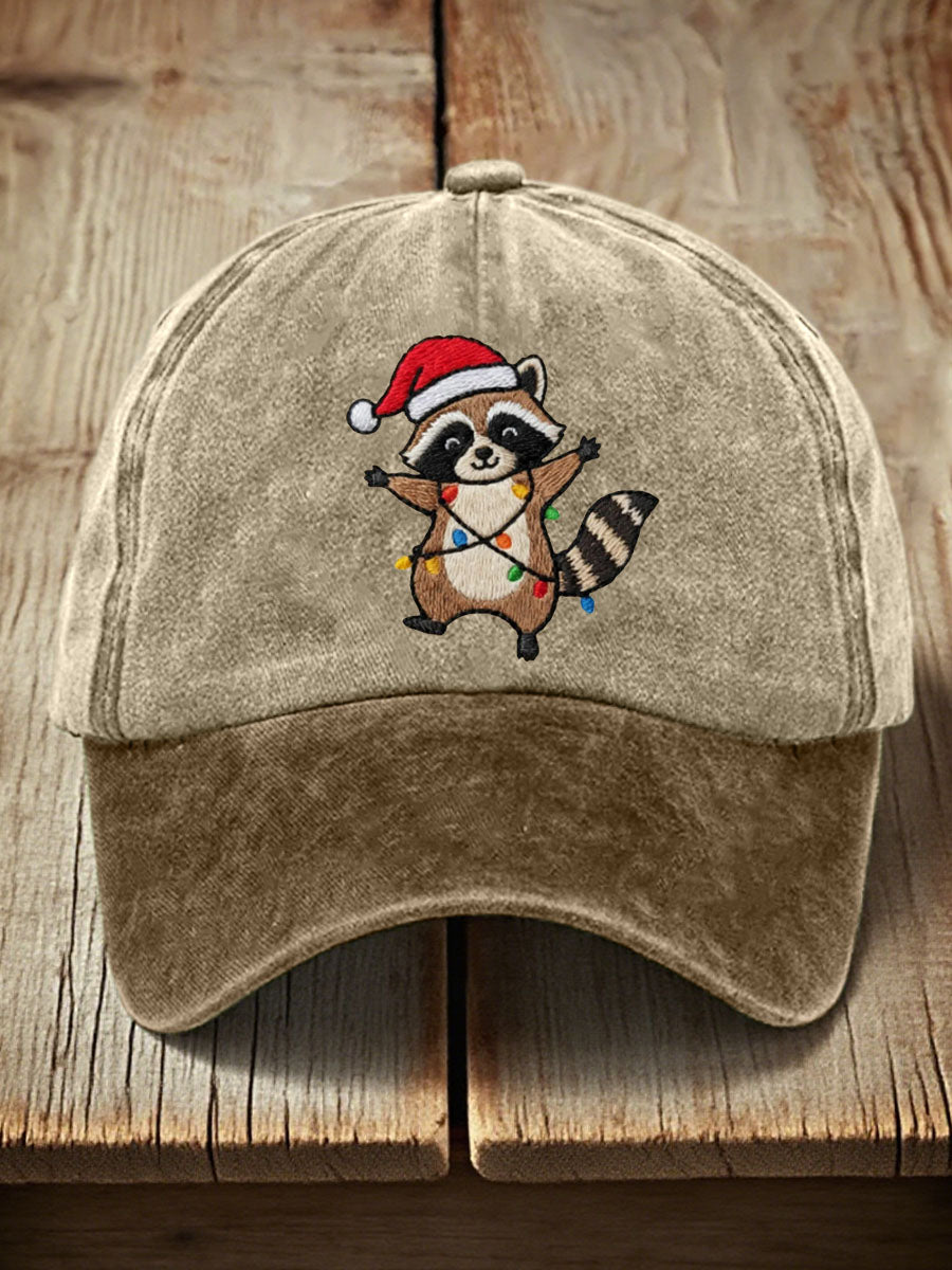 Unisex Christmas Raccoon Embroidered Vintage Hat