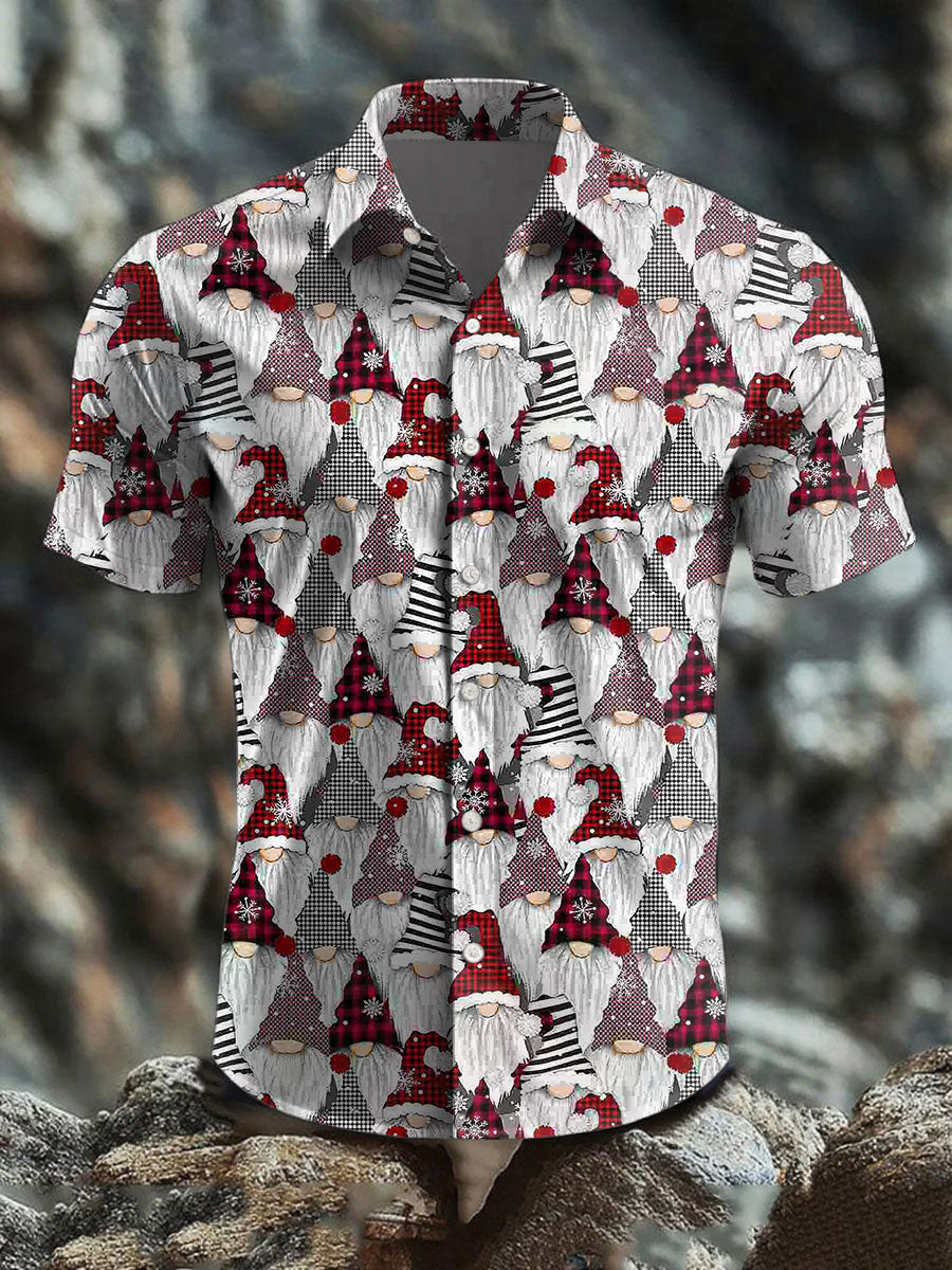 Men's Vintage Christmas Gnome Art Abstract Print Casual Cotton Short Sleeve Shirt