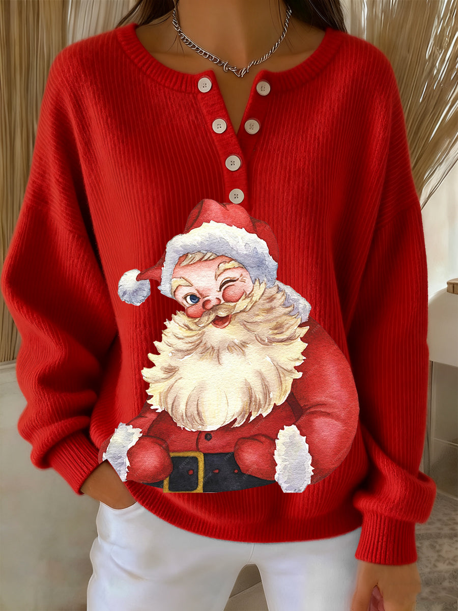 Women's Retro Fun Christmas Santa Print Long-sleeve Sweater