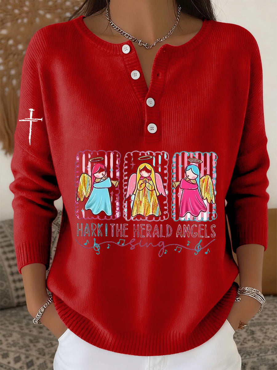 Women's Retro Faith Christmas Jesus Angel Print Long-sleeve Sweater