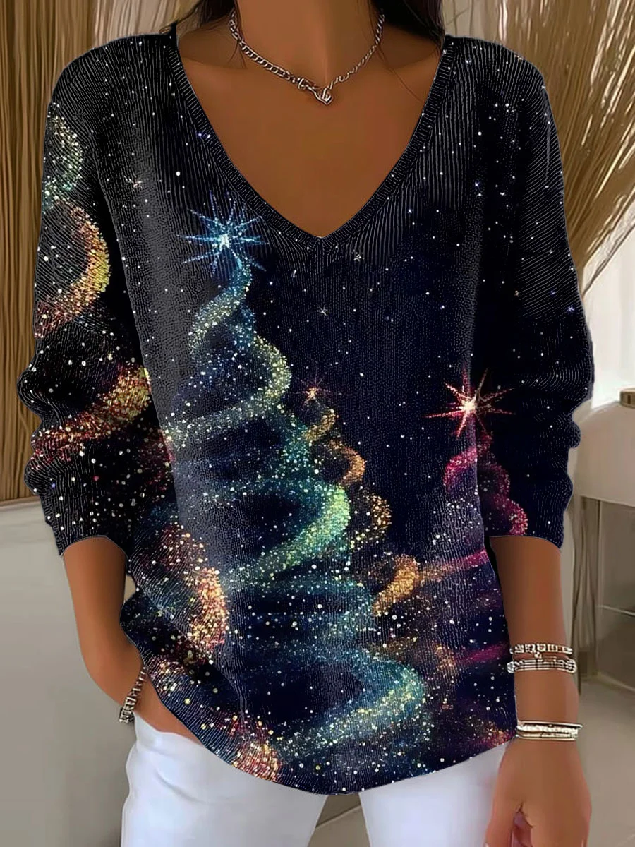 Women's Christmas tree print V-Neck Ribbed Top