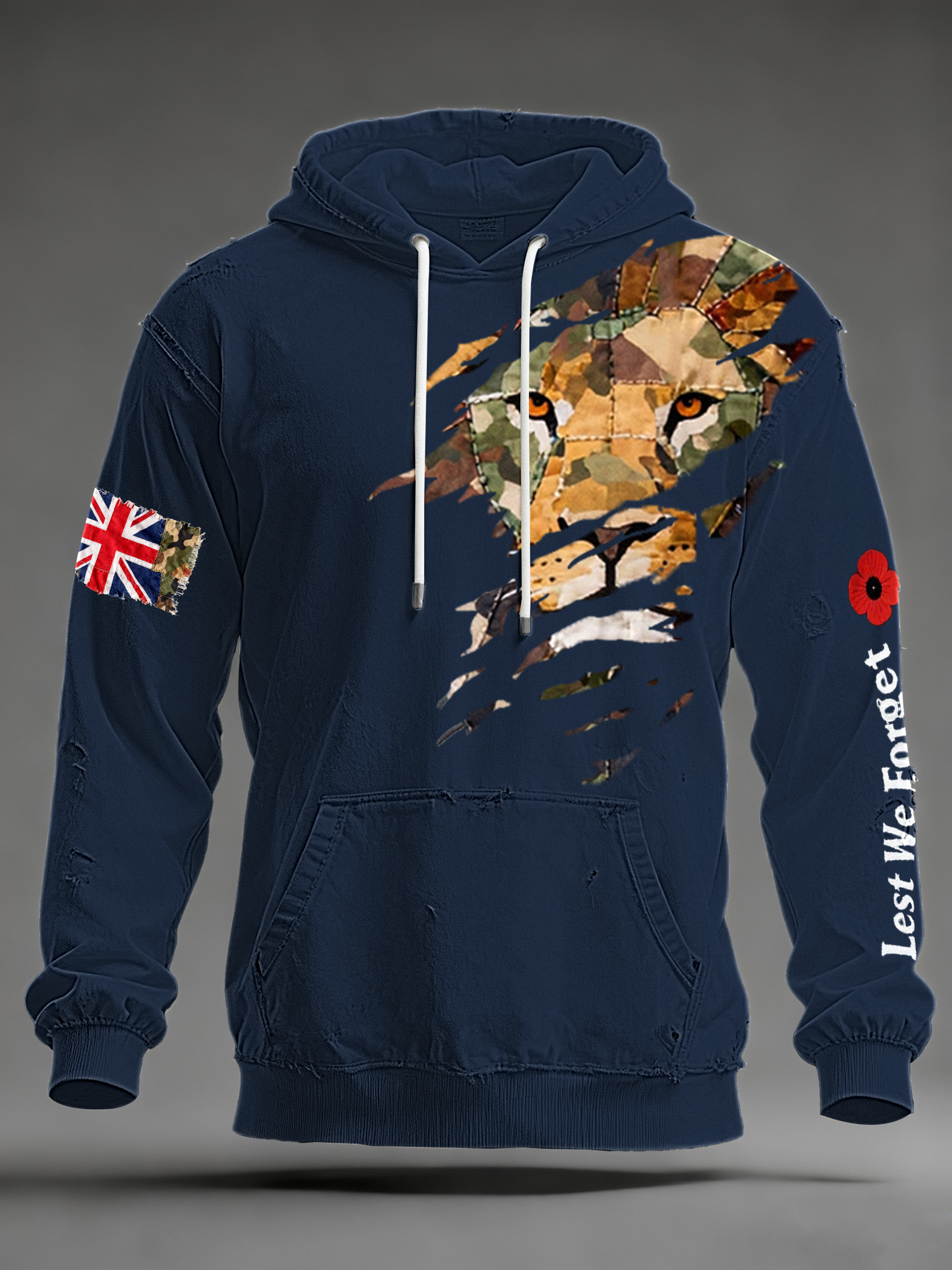 Men's British Lion Lest We Forget Oversized Drop-Shoulder Hoodie with Pockets