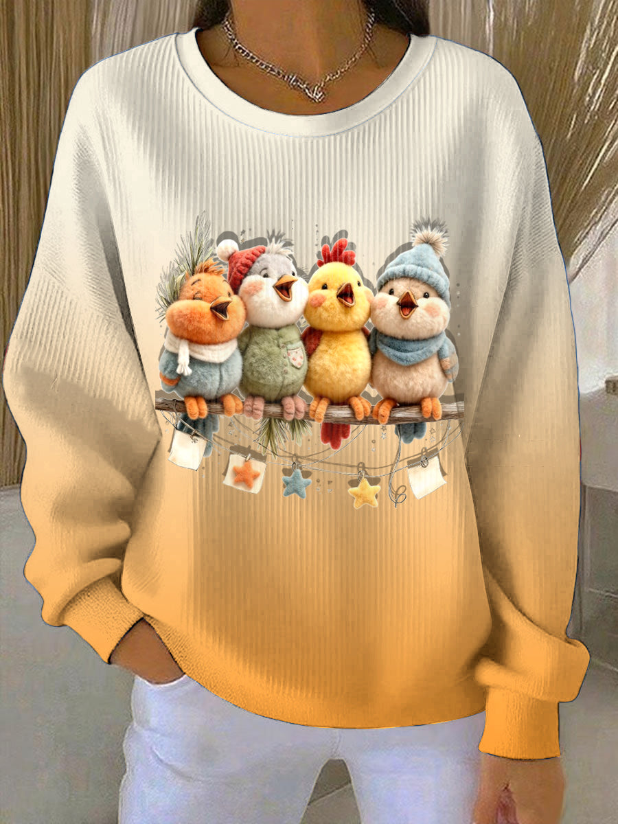 Women's Adorable Bird Thanksgiving Loose-Fit Crewneck Pullover