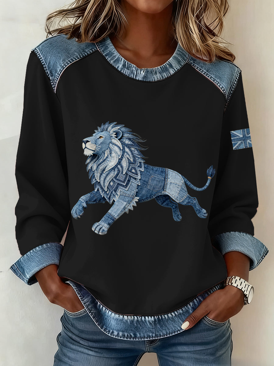 Women's British Style Denim Lion Patchwork Art Sweatshirt