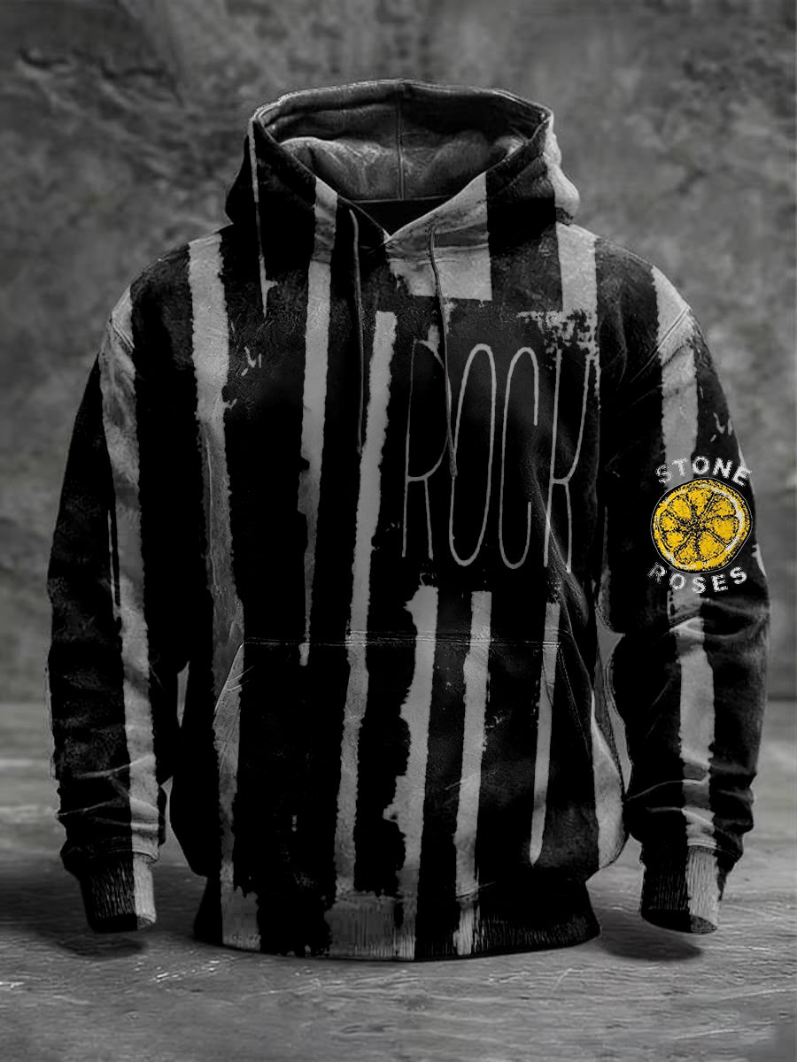 Men's Edgy Striped "Rock" The Stone Roses Print Hoodie