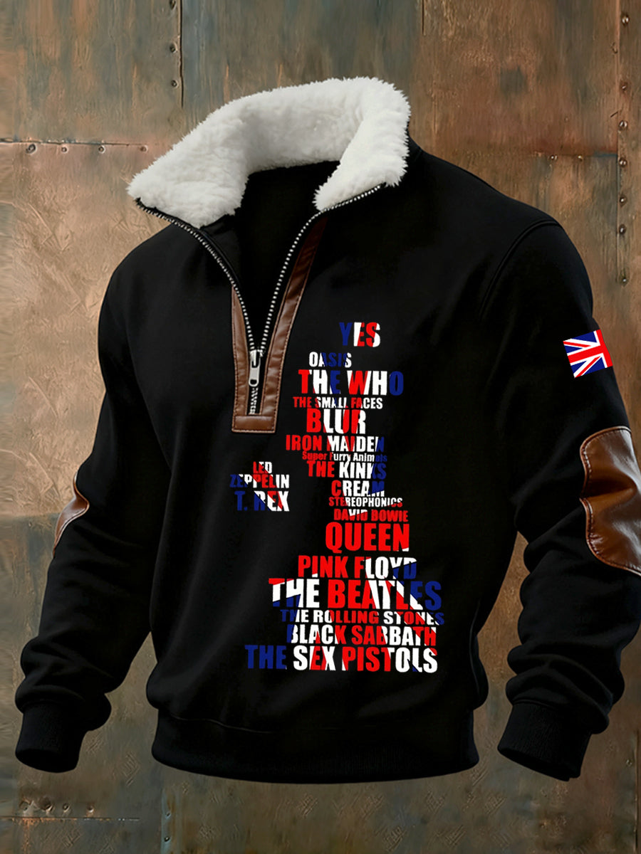 Men's Vintage Printed Casual Half-Zip Sweatshirt With Fleece Collar