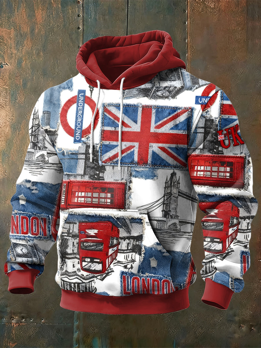 Men's British Denim Patchwork Print Red Sweatshirt