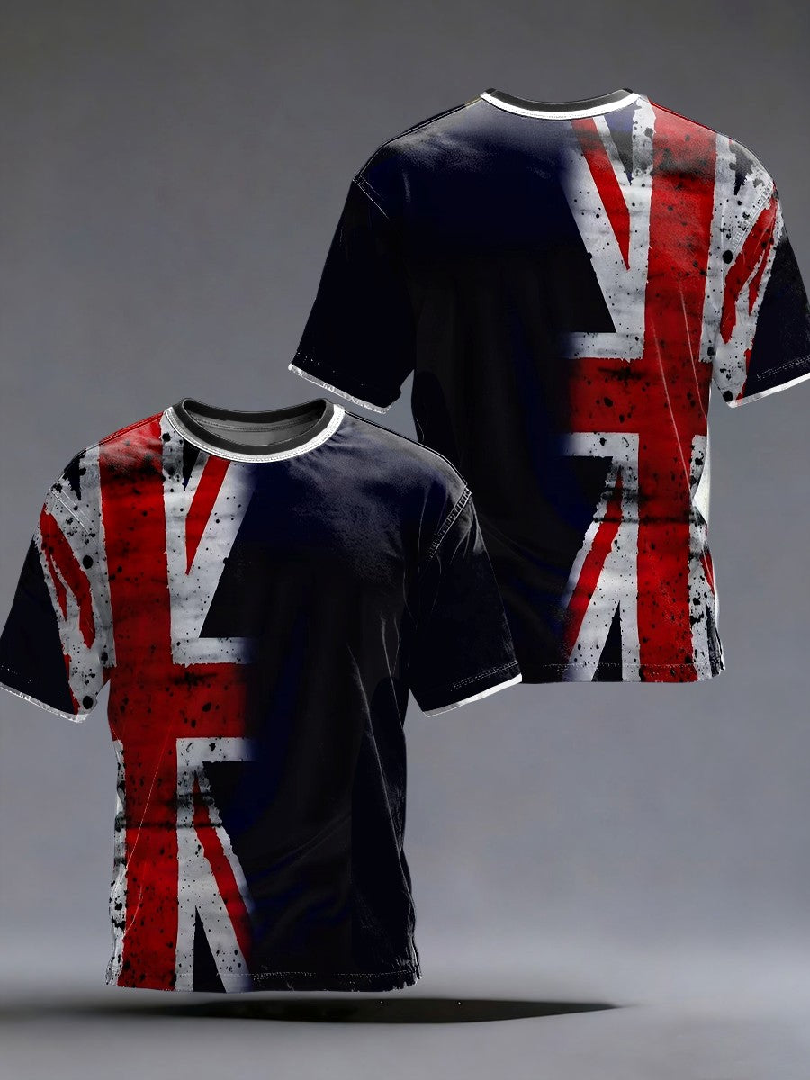 Vintage Britain Flag Badge Print Casual Cotton Short Sleeve T-Shirt