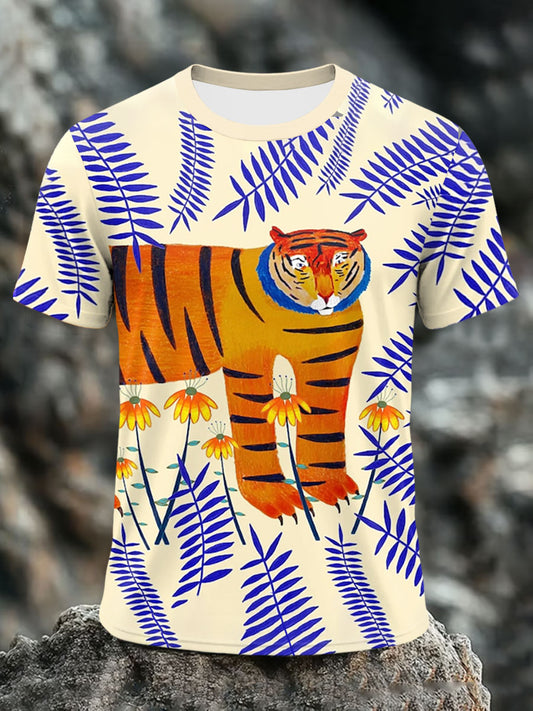 T-shirt a manica corta casual con stampa a tigre fortunata divertente da uomo