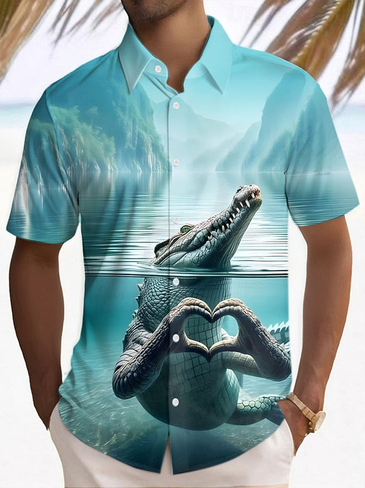 Camicia hawaiana estiva manica corta coccodrillo divertente da uomo
