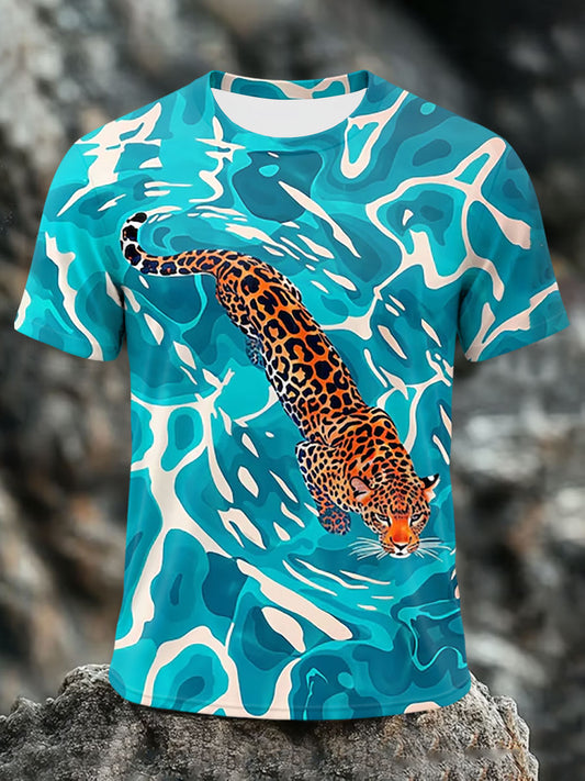 Maglietta da uomo a maniche corte casual con stampa leopardata divertente da uomo