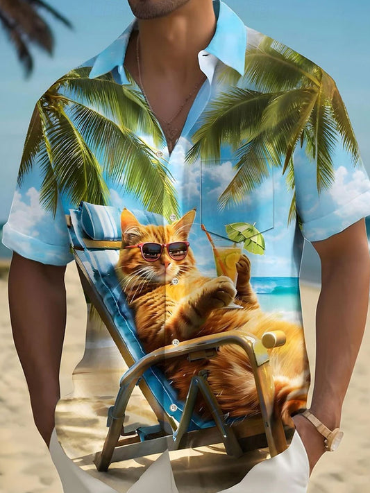 Camicia hawaiana estiva a manica corta da uomo divertente con gatto e cocco