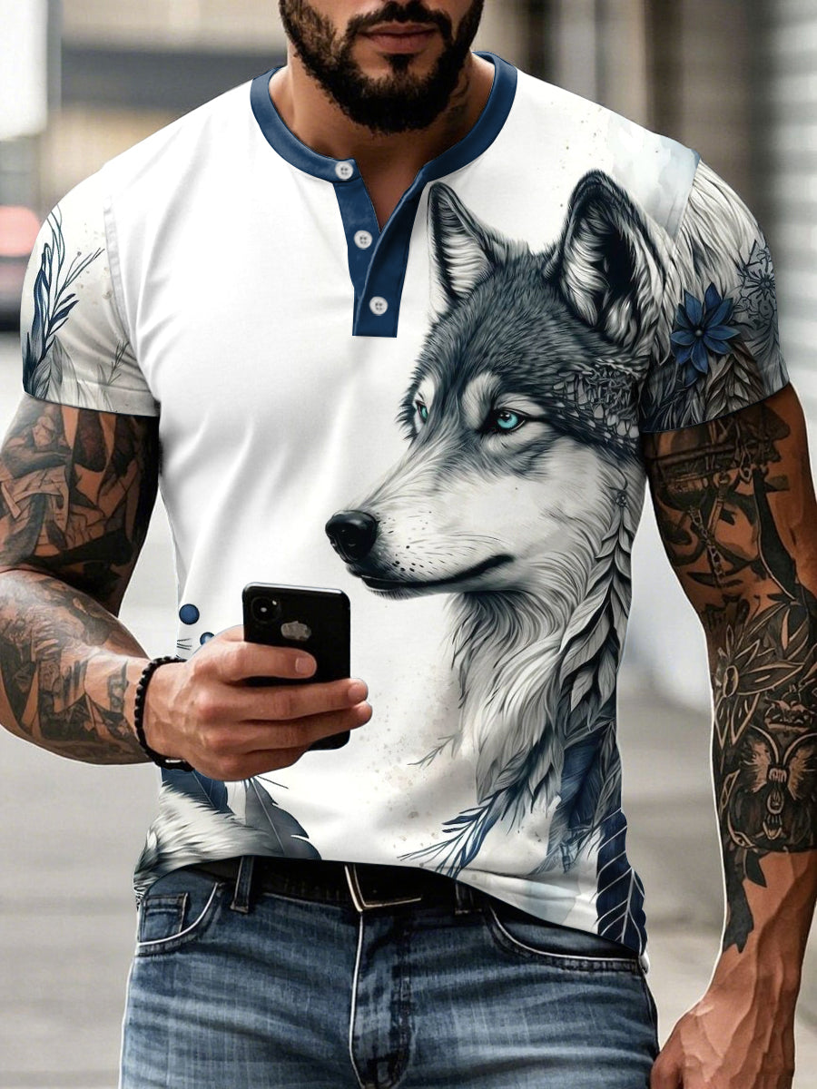 Magliette casual con stampa lupo aborigeno uomo