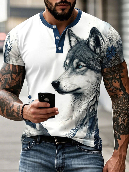 Magliette casual con stampa lupo aborigeno uomo