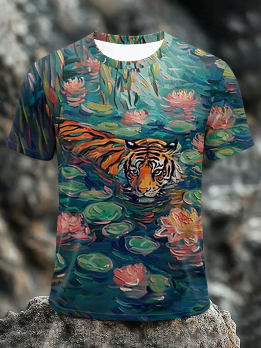 T-shirt a manica corta casual con stampa tigre colorata divertente da uomo