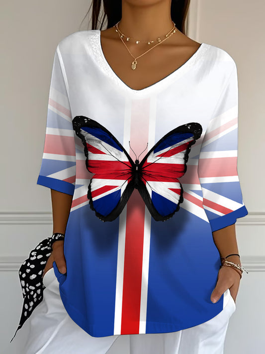 Women's Union Jack Butterfly Print Crop Sleeve Top