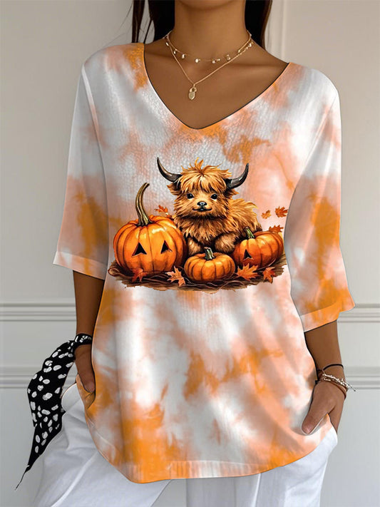 Women's V-neck Mid-Sleeve Halloween Highland Cattle Printed Casual T-shirt