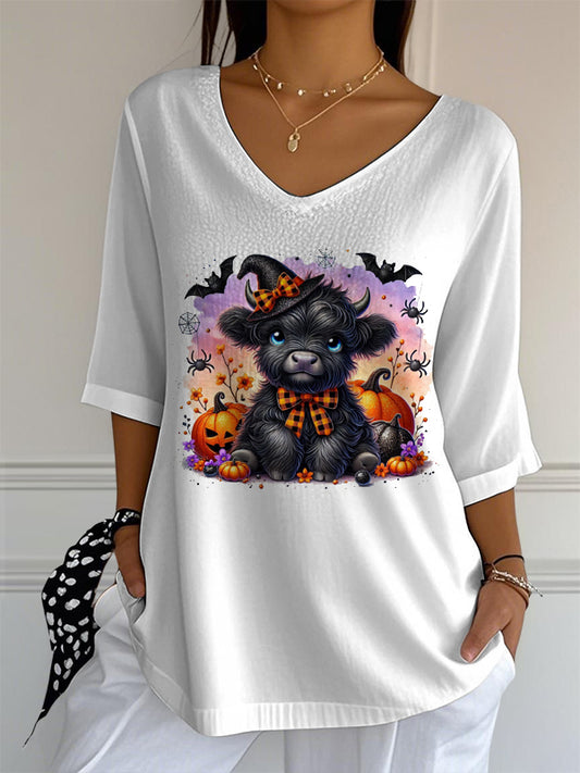 Women's V-neck Mid-Sleeve Halloween Highland Cattle Printed Casual T-shirt