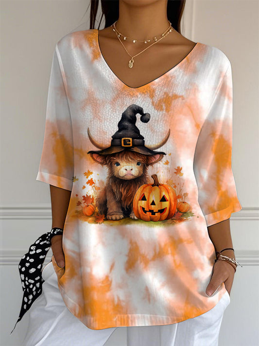 Women's V-neck Mid-Sleeve Halloween Highland Cattle Printed Casual T-shirt