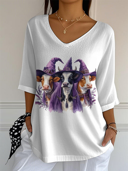 Women's V-neck Mid-Sleeve Halloween Highland Cattle Printed Casual T-shirt