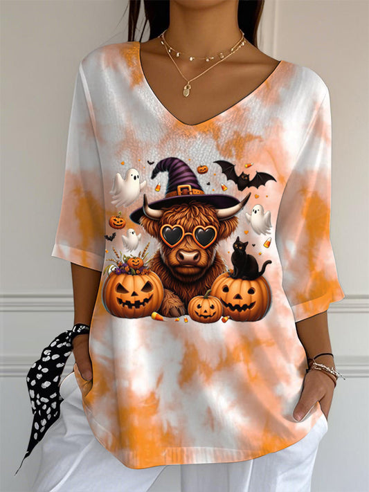 Women's V-neck Mid-Sleeve Halloween Highland Cattle Printed Casual T-shirt
