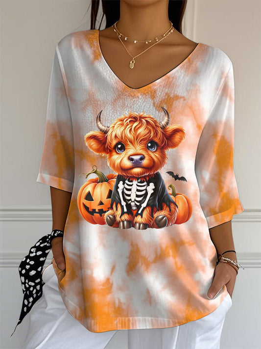 Women's V-neck Mid-Sleeve Halloween Highland Cattle Printed Casual T-shirt