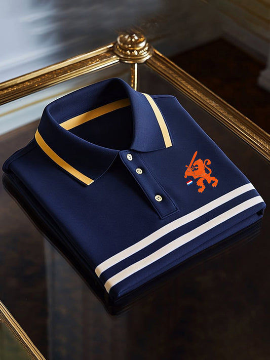 Polo a manica corta in cotone casual da uomo con stampa a righe con emblema bandiera olandese da uomo