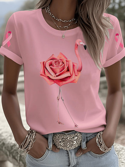 Women's Rose Flamingo Breast Cancer Awareness Short-sleeved T-shirt
