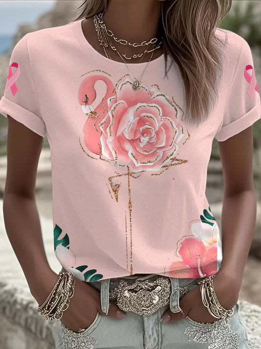 Women's Rose Flamingo Breast Cancer Awareness Short-sleeved T-shirt