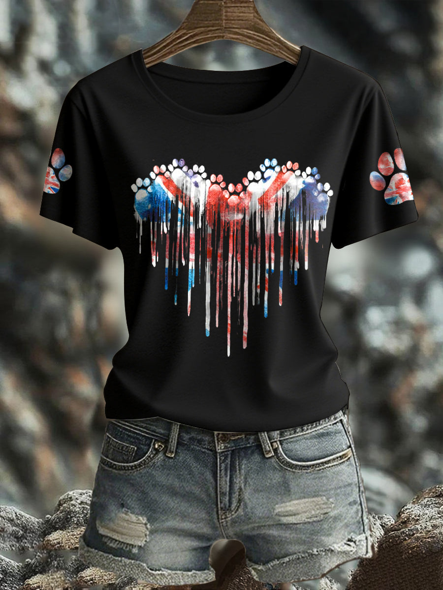 Women's UK Flag Watercolor Paws Printed T-shirt